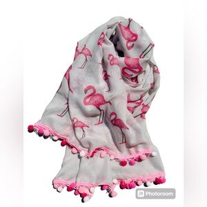Hot Pink Flamingo Scarf Pink * Graphic Gauze Texture With Pompom Handcrafyed